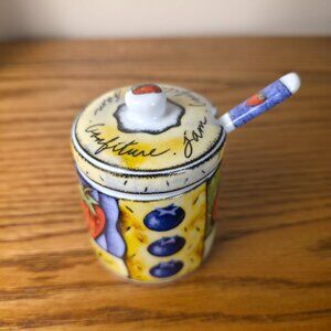 Small Ceramic Jam Jar with Lid & Spoon | Fruit Motif | MSC | Kitchen Decor